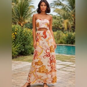 Farm Alegria Beige Maxi Skirt with Red and Yellow Nautical Print